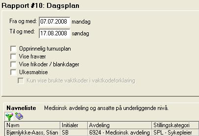 Rapport 10 Mine vakter Dagsplan viser en detaljert oversikt / liste over alle vakter en person er satt opp på i en gitt