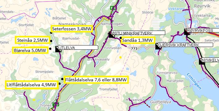 ET SKRIV OM NETTKAPASITET I 22KV NETTET ULVIG KIÆR OG TRONES KRAFTVERKSPROSJEKTER I NAMSSKOGAN Utført 22.1.18 INNLEDNING Det er søkt konsesjoner for en rekke kraftverk i Namsskogan.