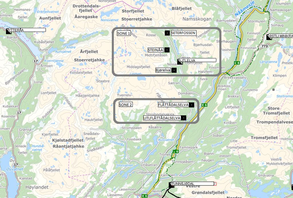 YTELSER Følgende ytelser er planlagt for de ulike kraftverkene: Kraftverk Planlagt installert effekt [MW] Seterfossen 3,4 Steinåa 2,5 Bjørelva 5,0 Flåttådalselva 7,6 Litlflåttådalselva 4,9 Tabell 2