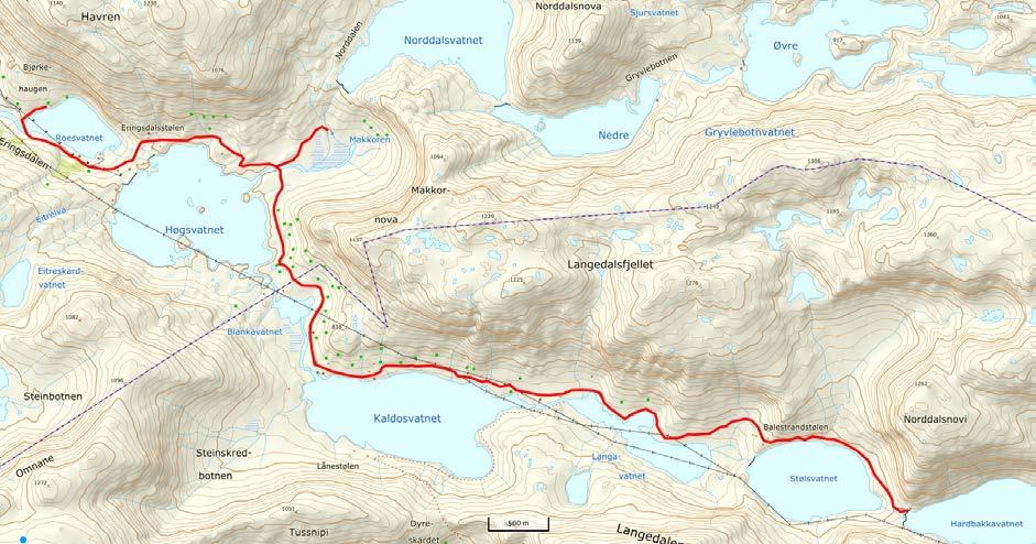 Figur 3. Kart over anleggsvegene i Eringsdalen og Langedalen som skal oppgraderes.