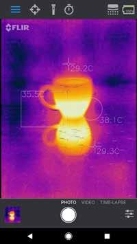 PUNKTMÅLERE OG OMRÅDER AV INTERESSE (ROI) Når du bruker punktmålere og regioner av interesse, vil FLIR ONE Pro vise et temperaturgjennomsnitt (i C eller F) for bildet.