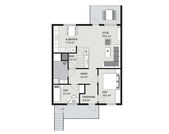 5-roms leilighet Areal: 128 m² BRA Dette er en 5-roms leilighet i 2. og 3. etasje, hvor 2. etasje leveres med samme planløsning som på Trysilhus Original. Fra stuen er det trapp opp til loft.
