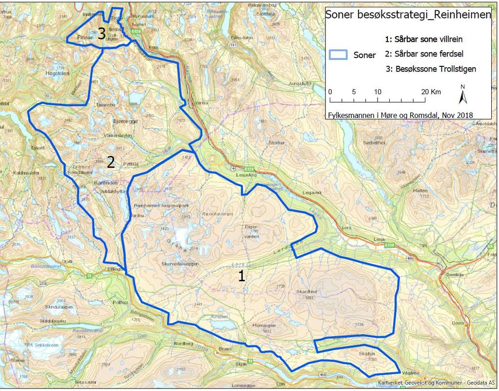 1 - skjermast for auka besøk med omsyn på villrein 2 - besøk haldast på same nivå som i dag.