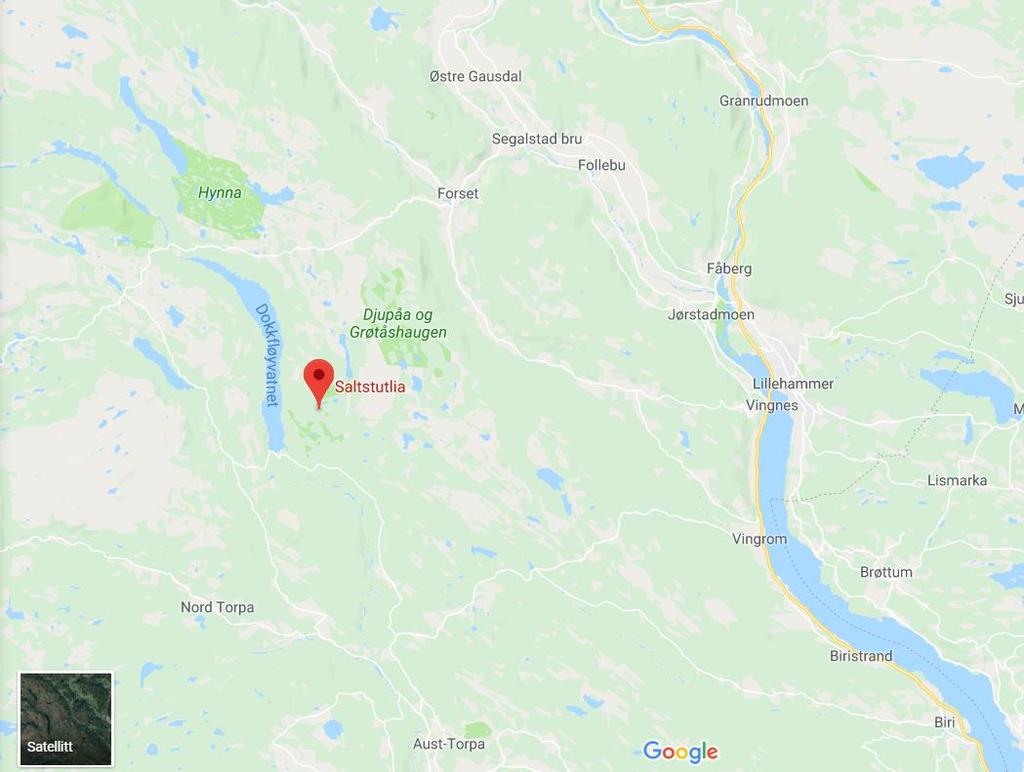 Figur 1. Saltstutlia naturreservat ligger i Nordre Land kommune, i Oppland fylke. Bildet er hentet ut fra google maps. Oppdraget: Tidsrom: 16-18 oktober uke 42.