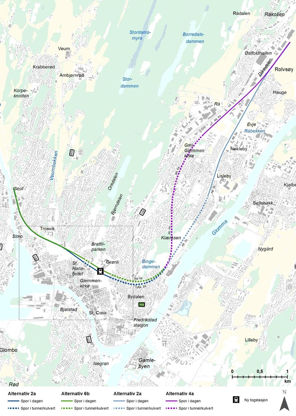 12 av 48 Figur 4-1 Banealternativer på strekningen Seut Rolvsøy. Grå ramme viser arealet som dekkes av vegalternativer. Ny Fredrikstad stasjon er plassert på Grønli.