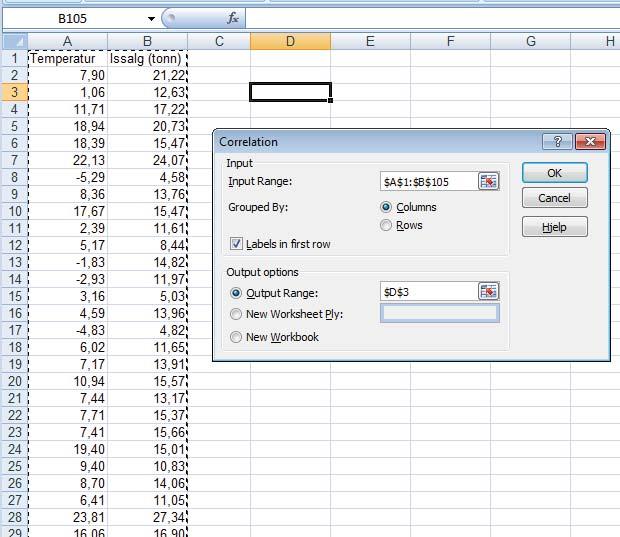 Korrelasjo fer v uder Data -> Data Aalyss og velg så Correlato: 45 Marker dataee (må stå koloer