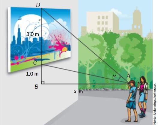 Et bilde har høyde CD,0 m. Bildet henger på en vegg slik at undersiden av bildet er,0 m over øyenivå hos personen i A (se skissen). Avstanden fra veggen til personen er AB.