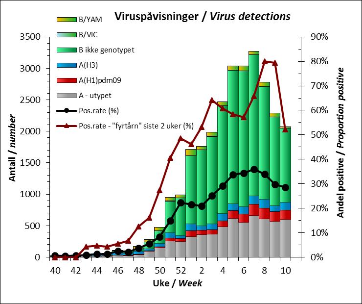 mot 40 H1). Av de 1198 influensa B er foreløpig 27 genotypet som B/Yamagata og ingen som B/Victoria (Figur 4, tabell 3). Figur 4. Meldte funn av influensavirus i Norge siden uke 40/2017.