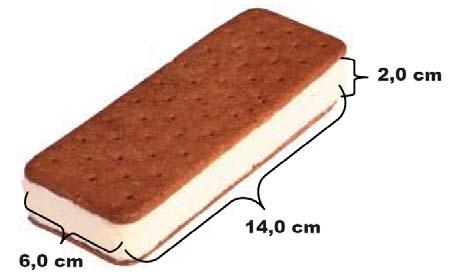 3.5 3 p I kiosken kan du kjøpe iskremen Supersandwich som består av kjeks og is. Isen har form som et rett prisme. Lengdene på isens sidekanter er 14,0 cm, 6,0 cm og 2,0 cm.