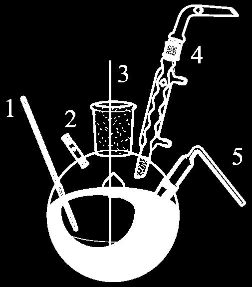 Figur 3.1: Apparatur. 1: Termometer, 2: Propp, 3: Glassrørestav, 4: Refluks og 5: Propp. 3.2 Analyse Etter at sentrifugeringen var ferdig, ble det veid ut ca.