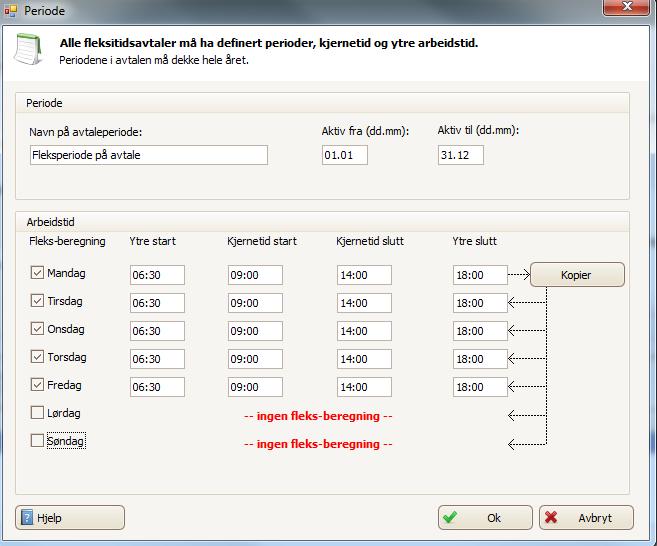 Fleksitidsperiode Det er mulighet for å angi om enkelte ukedager ikke skal beregne fleks.