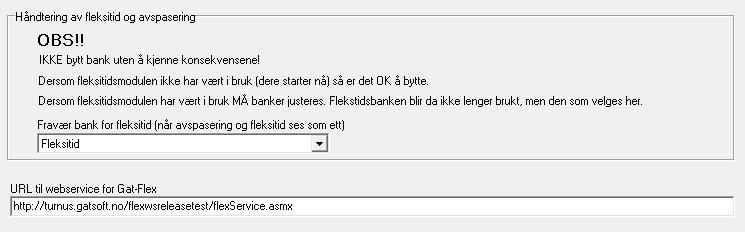 Globalt oppsett Dersom ønske om å ta ut fleksitid som fravær må bank for Fleksitid velges i feltet for Fravær bank for fleksitid.