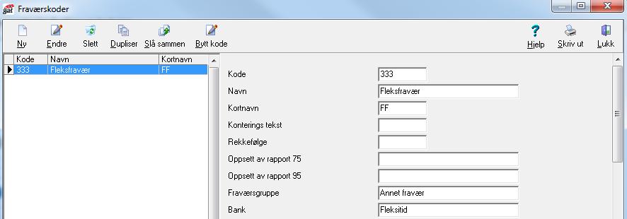 Fravær Dersom det skal være mulig å registrere fravær av typen fleks (ulik praksis hos ulike kunder), må det koples til en fraværskode mot banktypen