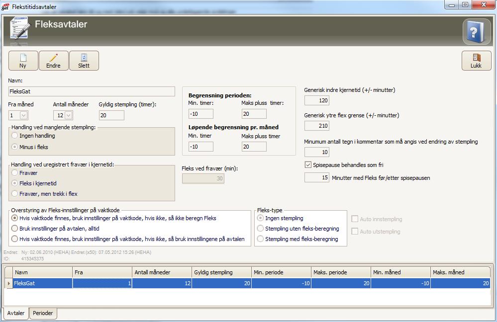 Fleksitidsavtale Opprettelse og vedlikehold av fleksitidsavtaler gjøres i Administrasjon Avtale.