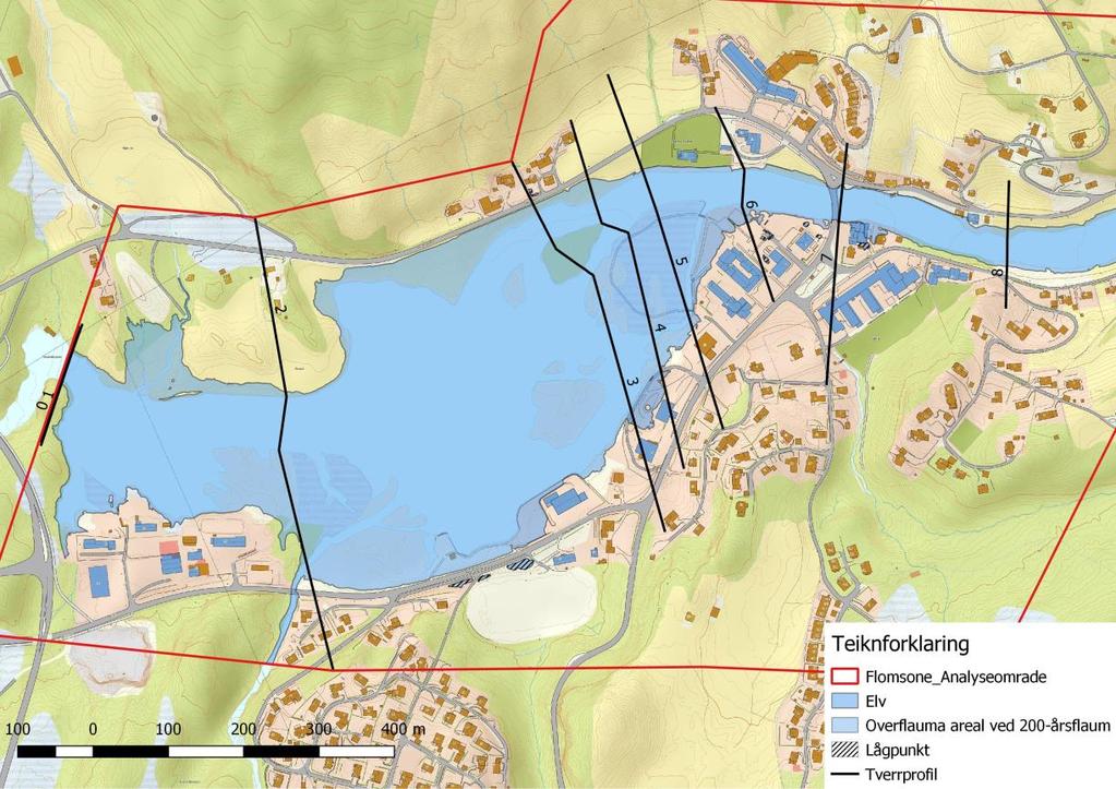 Figur 3: Flaumsonekart for 200-årsflaum frå Steien bru til Sandefossen. Kartkjelde: Statens kartverk. 3.2. Særskilt om bruer Det er to bruer på den kartlagde strekka; Selstad bru, om lag 1 km aust for Sande sentrum og Steien bru i Sande sentrum.